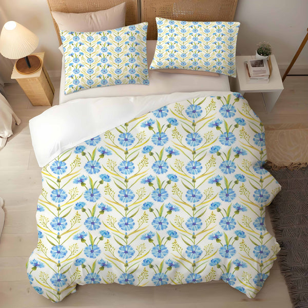 Blue Floral Flower Printed 3 Pieces Bedding Duvet Cover Sets Pillowcases