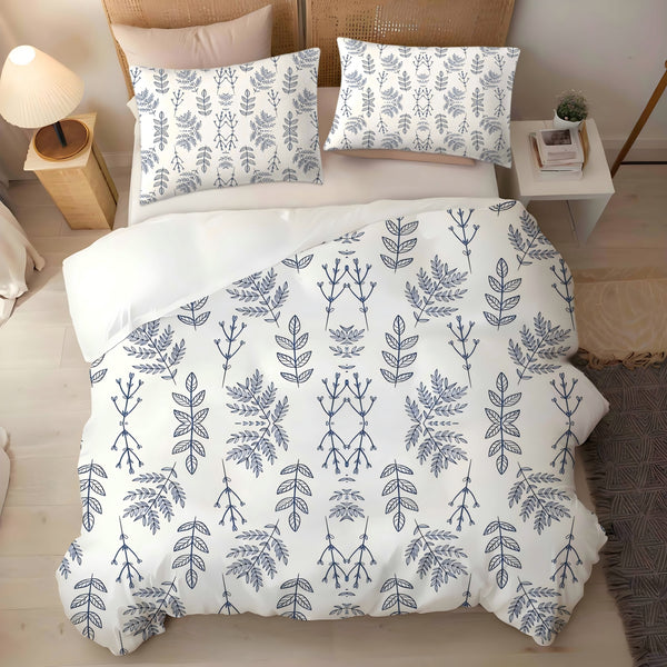 Blue Lines Leaves Printed 3 Pieces Bedding Sets Duvet Cover Pillowcases