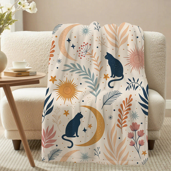 Bohemian Black Cat Colorful Print Soft Flannel Sofa Throw Blankets