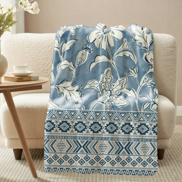 Bohemian Floral Ethnic Stripes Blue Soft Flannel Sofa Throw Blankets