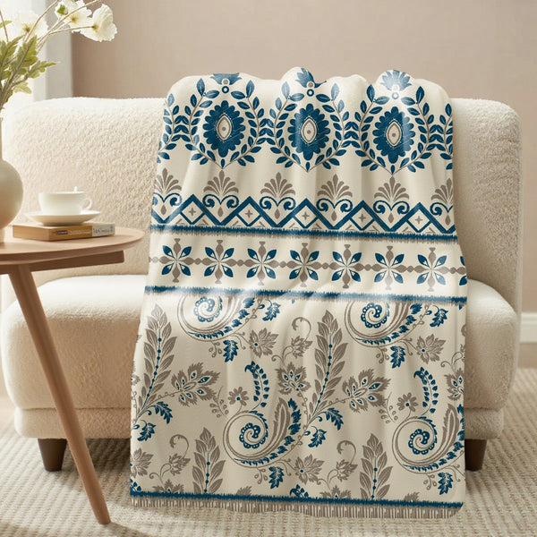 Bohemian Style Blue Flowers Ethnic Stripes Beige Soft Flannel Sofa Throw Blankets