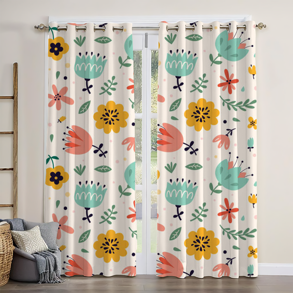 Colored Flowers Leaves Beige Blackout Window Curtain