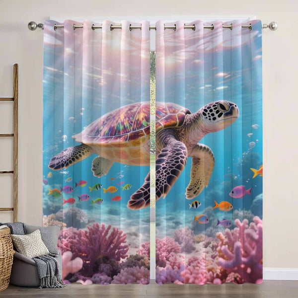 Colorful Sea Turtle Pink Coral Beautiful Ocean Blackout Window Curtain