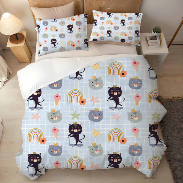 Funny Cat Blue Plaid 3 Pieces Blue Bedding Duvet Cover Sets Pillowcases