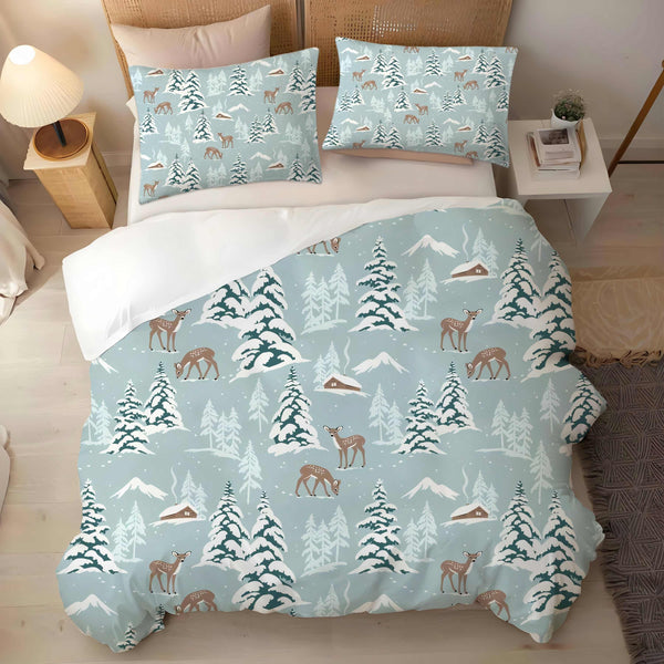 Elk and Snowy Trees Printed 3 Pieces Bedding Sets Duvet Cover Pillowcases