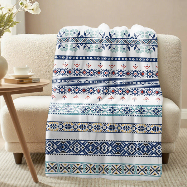 Ethnic Fair Isle Pattern Blue Stripes Soft Flannel Sofa Throw Blankets
