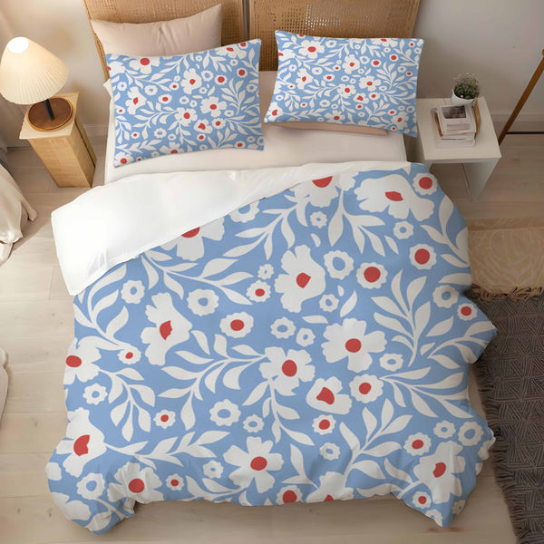 White Flowers with Red Stamens Pattern Blue 3 Pieces Bedding Duvet Cover Sets Pillowcases
