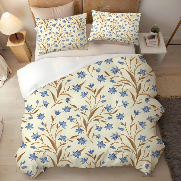 Blue Flowers Brown Leaves Printed 3 Pieces Bedding Duvet Cover Sets Pillowcases