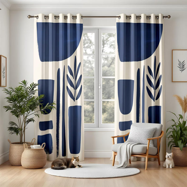 Modern Abstract Navy Blue and White Geometric Drapes Blackout Window Curtain