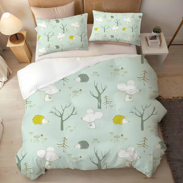 Mouse and Hedgehog Printed 3 Pieces Bedding Sets Duvet Cover Pillowcases