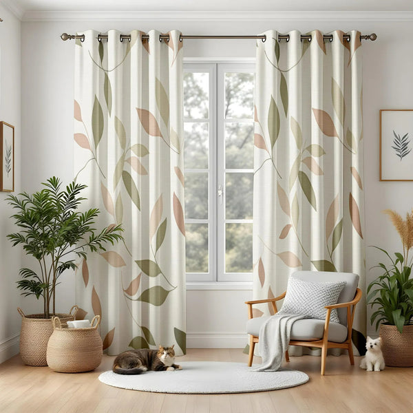 Neutral Leaf Pattern Beige and Olive Green Drapes Blackout Window Curtain