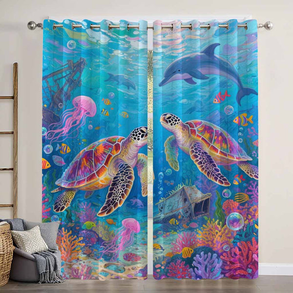 Oil Painting Style Colorful Sea Turtle Underwater World Blackout Window Curtain
