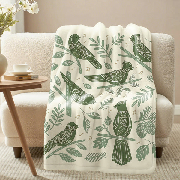 Paper-cut Style Green Sparrow Leaves Soft Flannel Sofa Throw Blankets