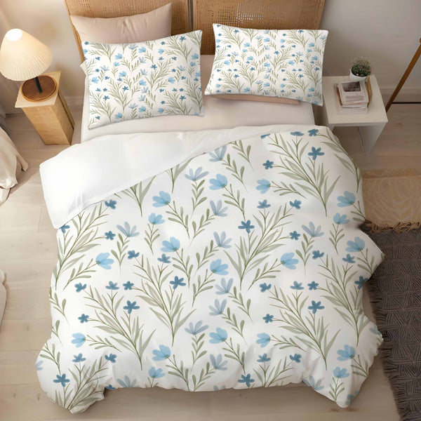 Small Blue Floral Printed White 3 Pieces Bedding Duvet Cover Sets Pillowcases