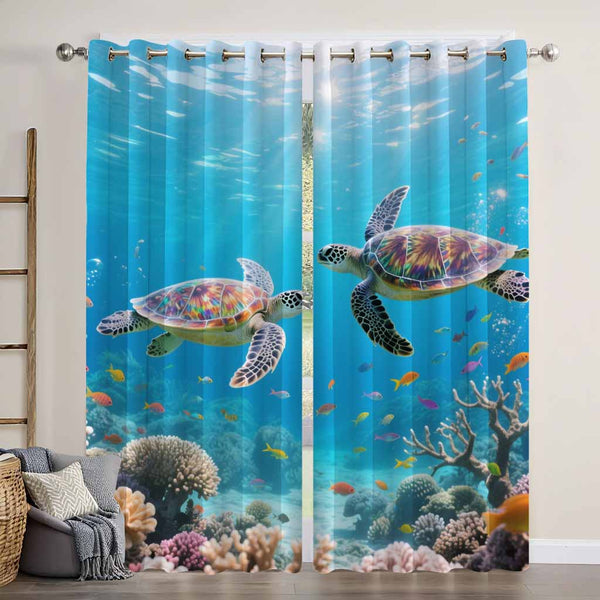 Undersea Animals Leisurely Turtles And Fish Blackout Window Curtain