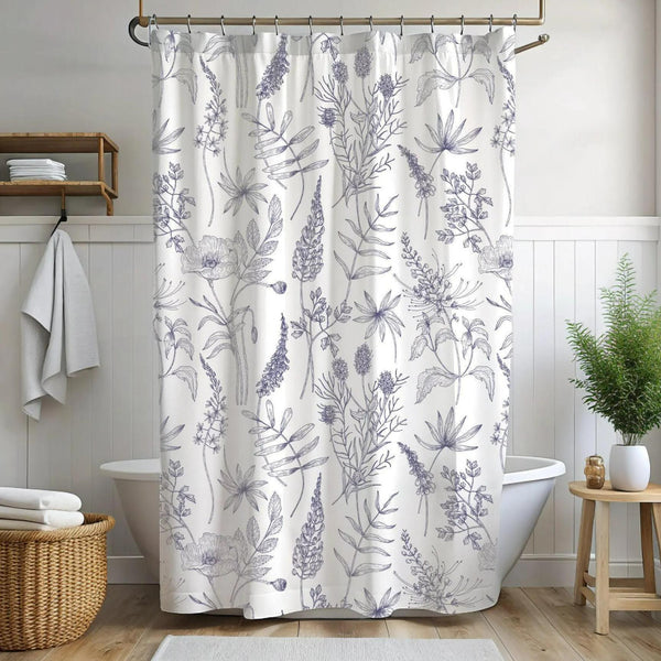 White Floral Bohemian Purple Bath Shower Curtain